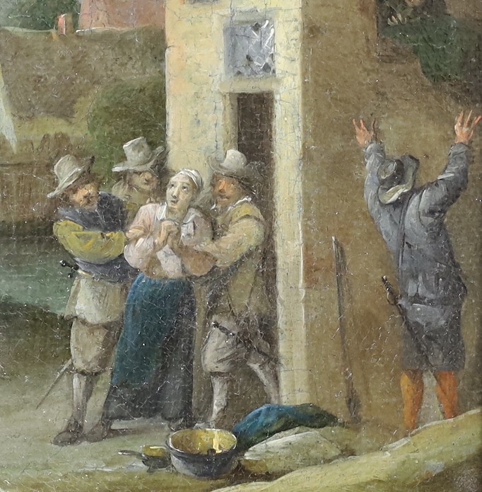 Circle of David Teniers the Younger (Flemish, 1610-1690), ‘’The Arrest’’, oil on canvas, 11 x 10.5cm, together with frame with label